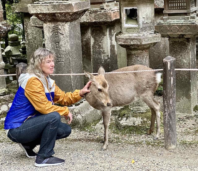 Besucher mit Reh vor dem Kasuga Taisha Schrein, Nara, Japan