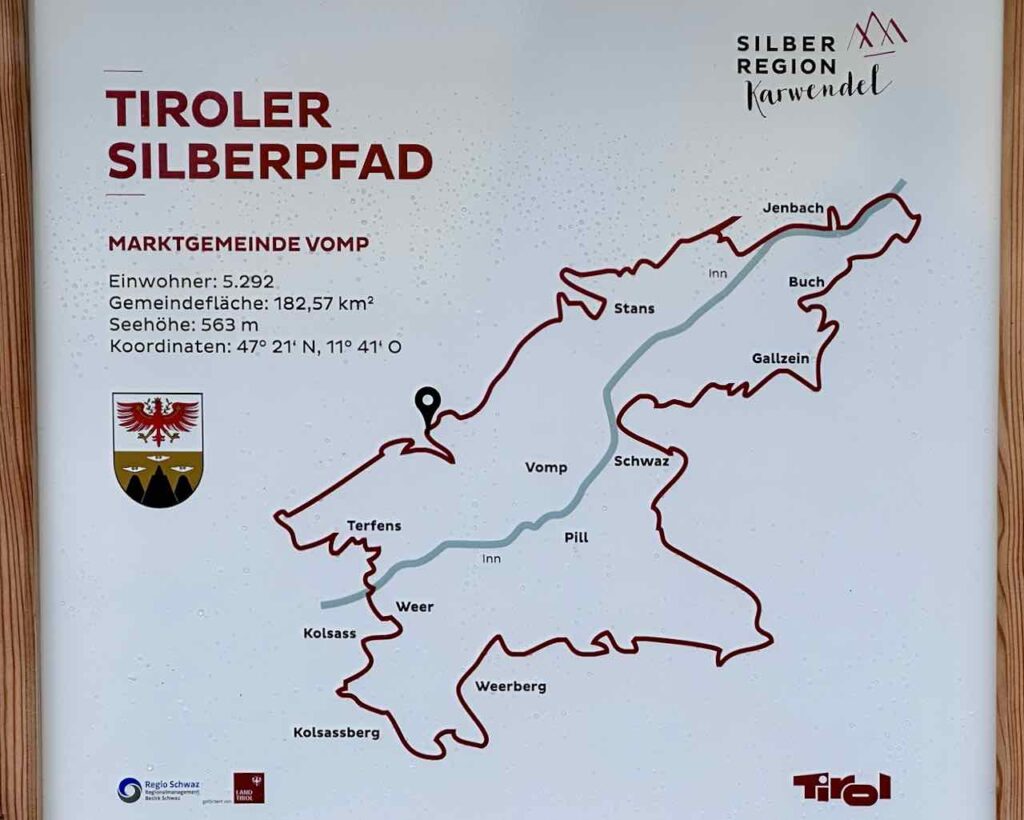 Karte mit Verlauf des Weitwanderwegs Tiroler Silberpfad (86 km), Rundweg in der Silberrgion Karwendel in Österreich