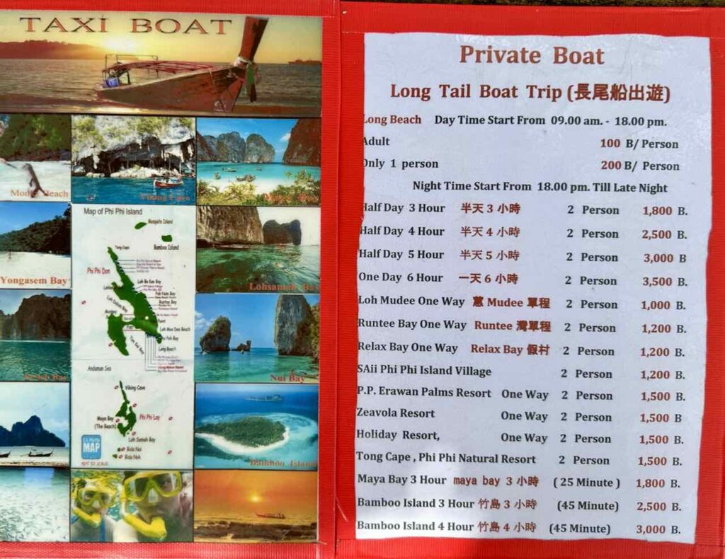 Koh Phi Phi: Tafel mit Mietpreisen für Longtailboote © PetersTravel Peter Pohle