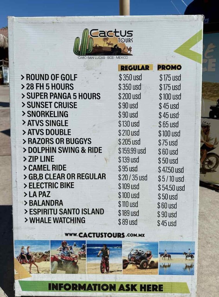 Preistafel für Aktivitäten, Cabo San Lucas, Baja California © PetersTavel Peter Pohle